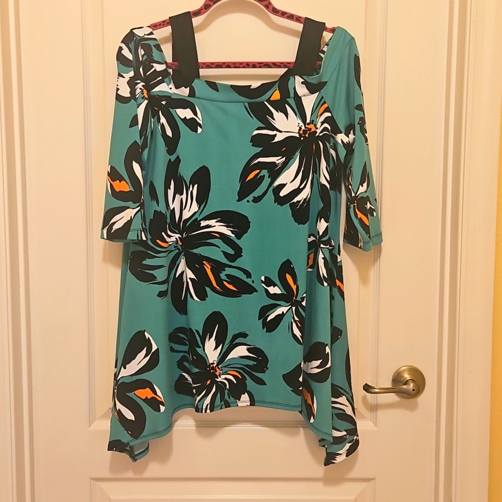 NY COLLECTION Off The Shoulder Blouse Green Black Orange White Size MED